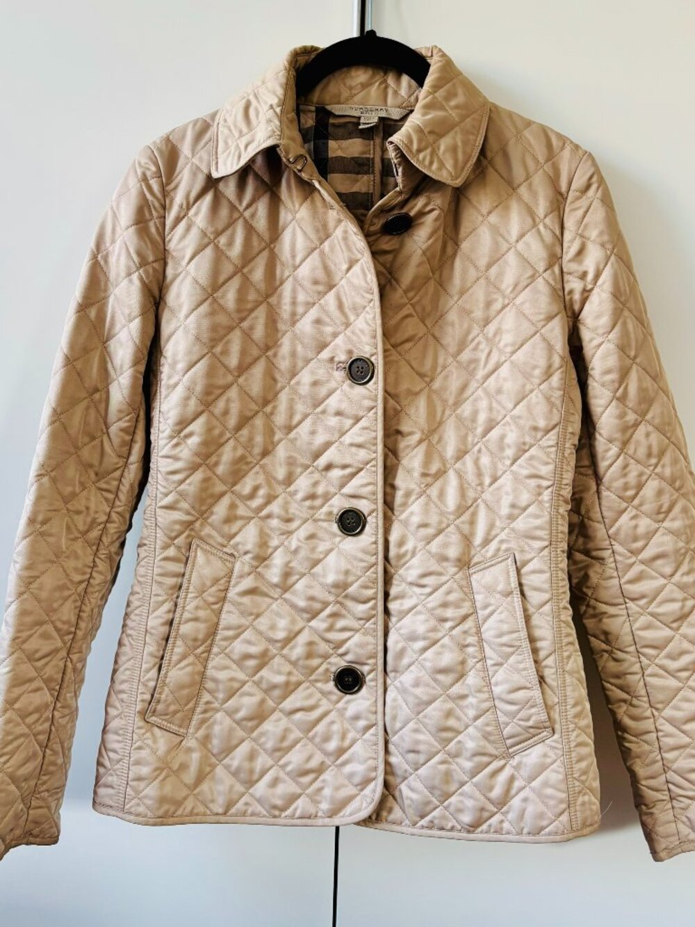 Vintage Burberry Brit Tan Quilted Jacket Plaid Lining Logo on Buttons SP